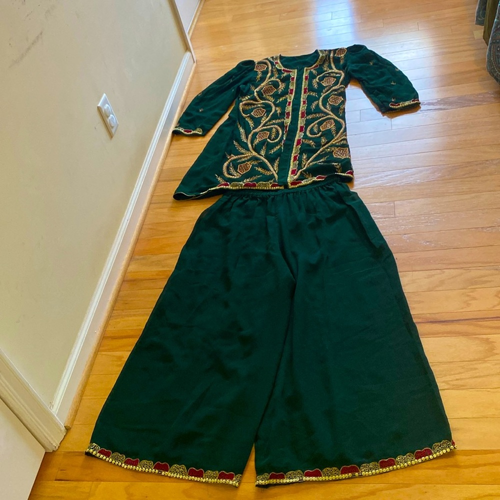 Dark Green Pants Set Red Embroidered L
